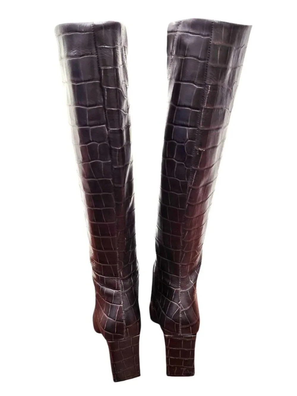 SCHUTZ Brown Croc Embossed Leather Knee High Boots Square Toe 6.5B Brazil